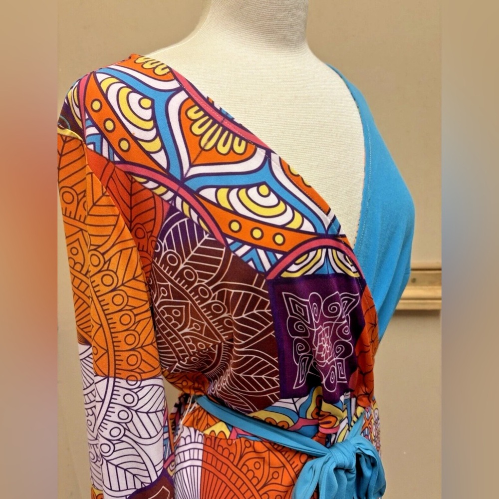 ASHRO Faux Wrap 2 Tone Boho Hippie Mod Print Midi Dress SZ L - Picture 4 of 10